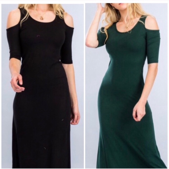 New Cold Shoulder Stretch Knit Long Dress - Picture 6 of 7